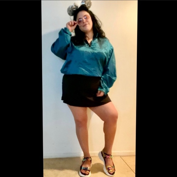 WINDBREAKER Grannycore Vintage Retro 80s Metallic Teal Quarter Zip Shine NYE - Picture 3 of 5